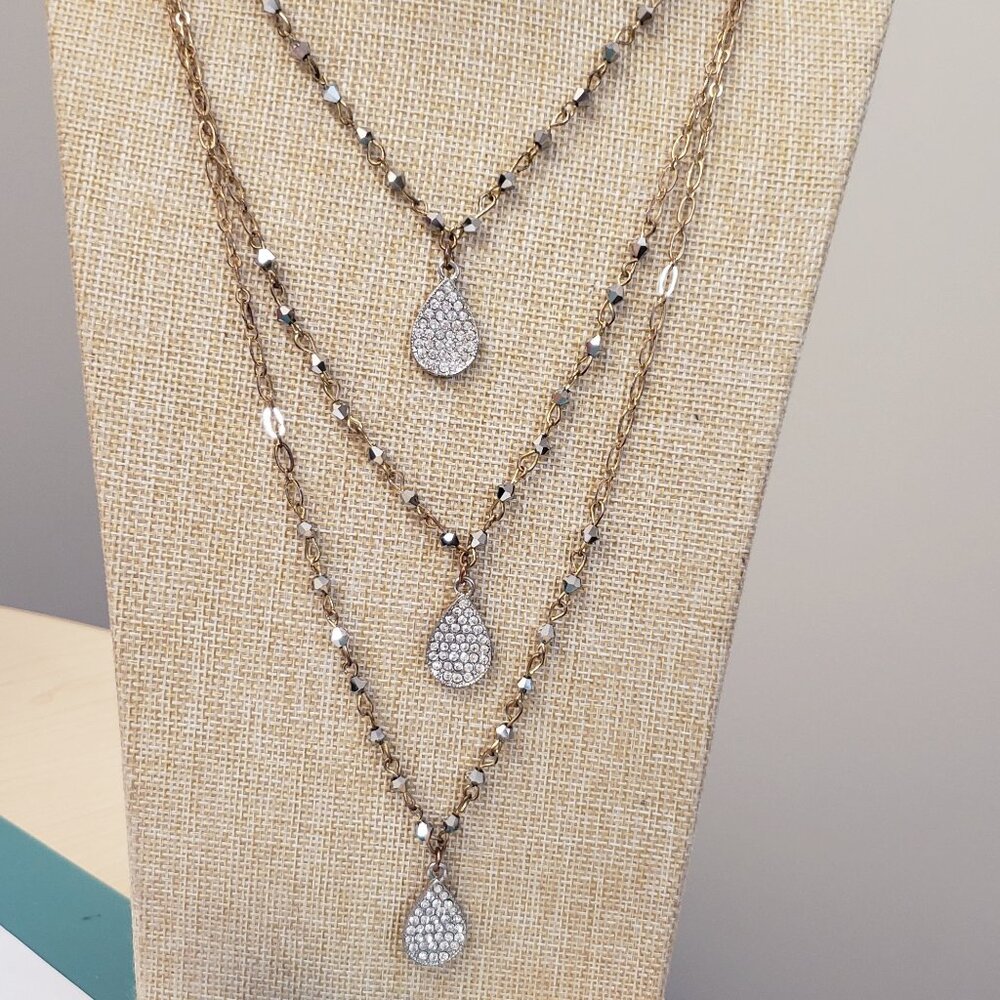 INC, gold tone, multi layer, teardrop rhinestone pendants, beaded necklace